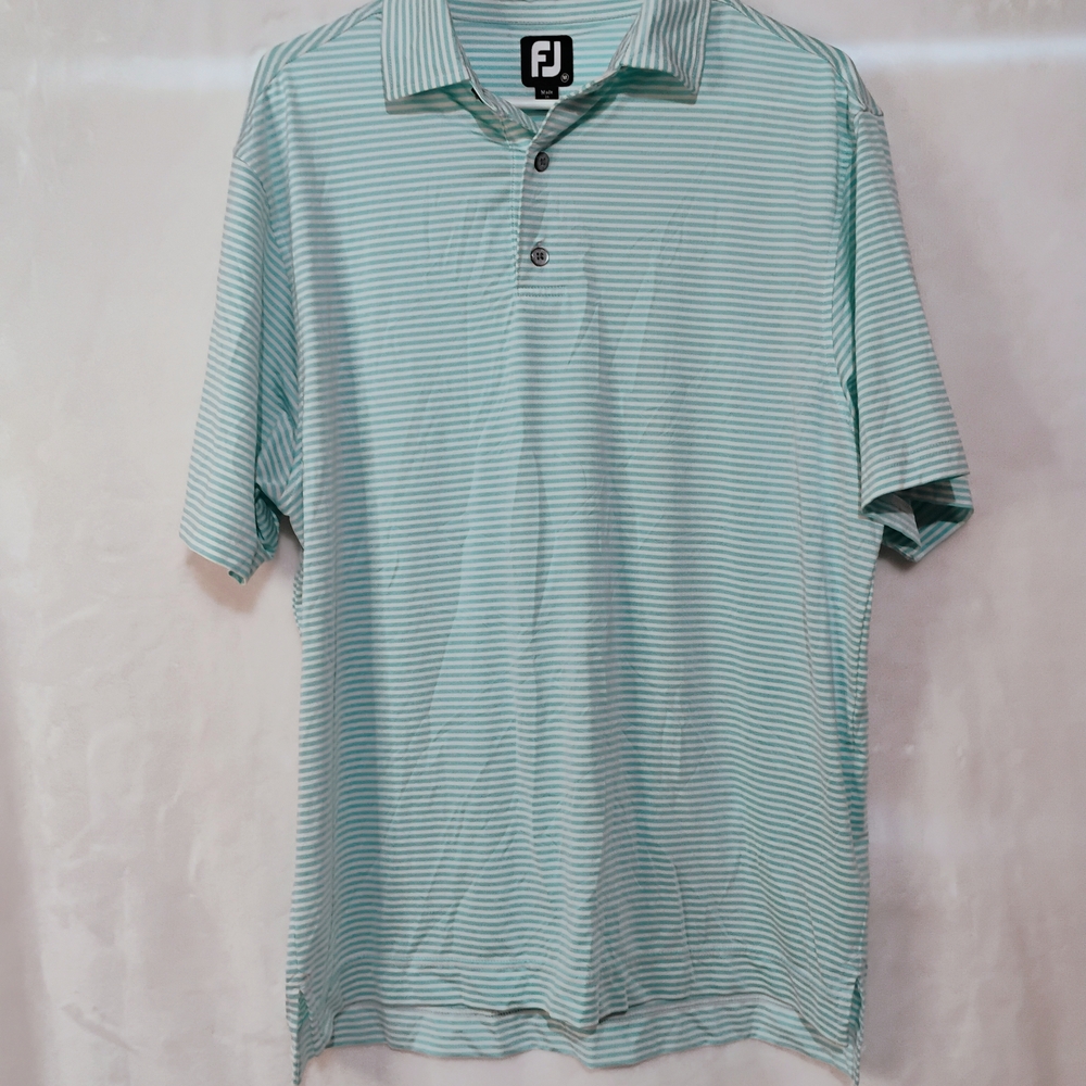 Footjoy FJ Blue Striped Golf Performance Polo Shirt Mens Medium Logo Stretch N